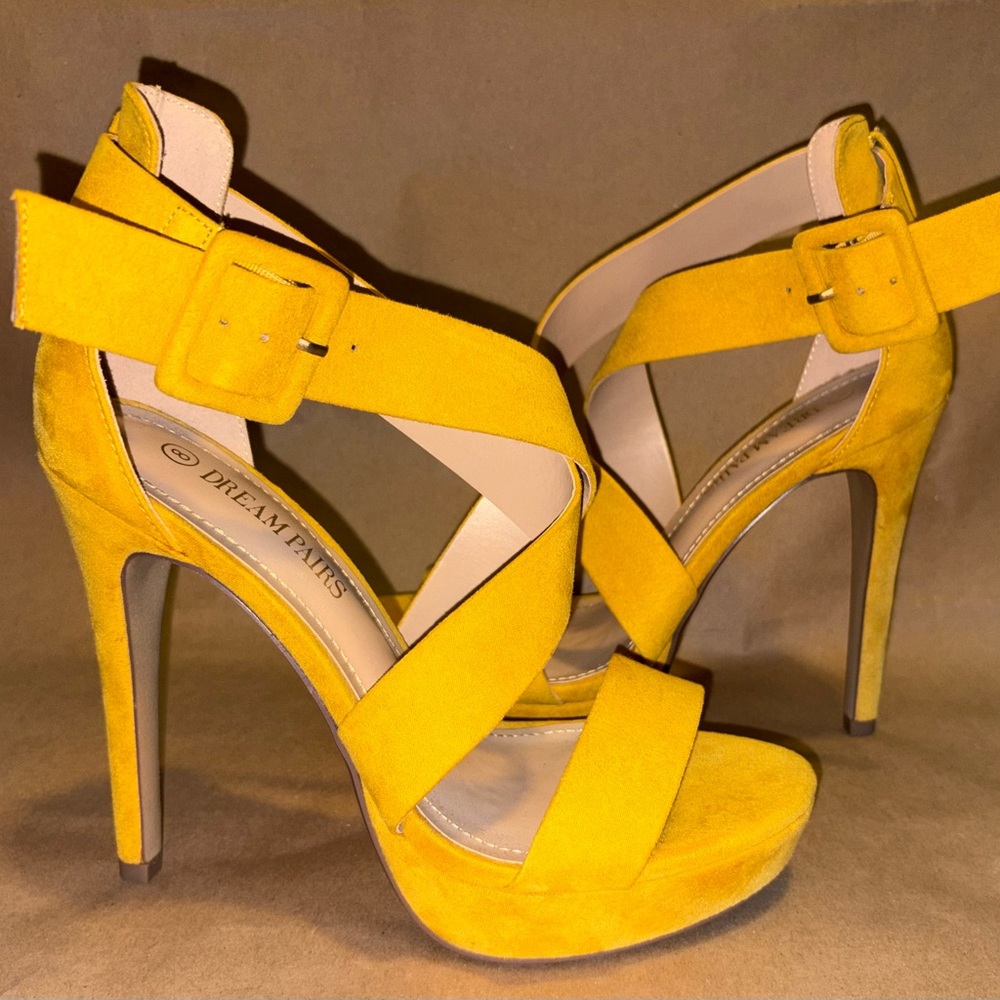 Dream Pairs Yellow Suede Strappy Heels, Worn Once